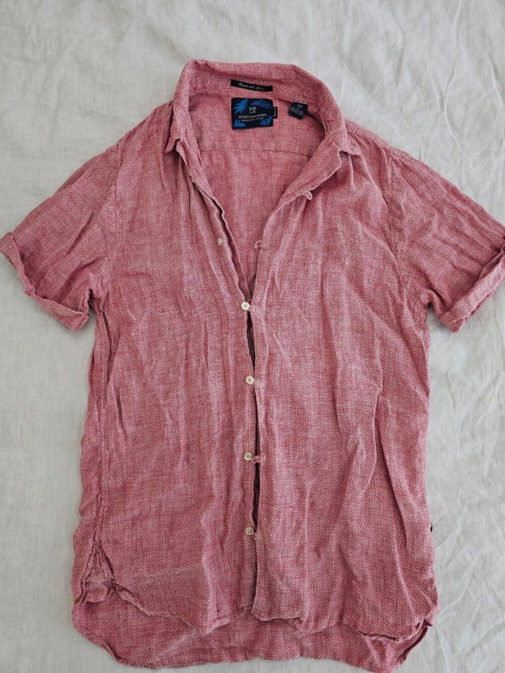 Scotch & Soda Men's Linen Shirt S Pink Short Sleeve Button Up Regular Fit